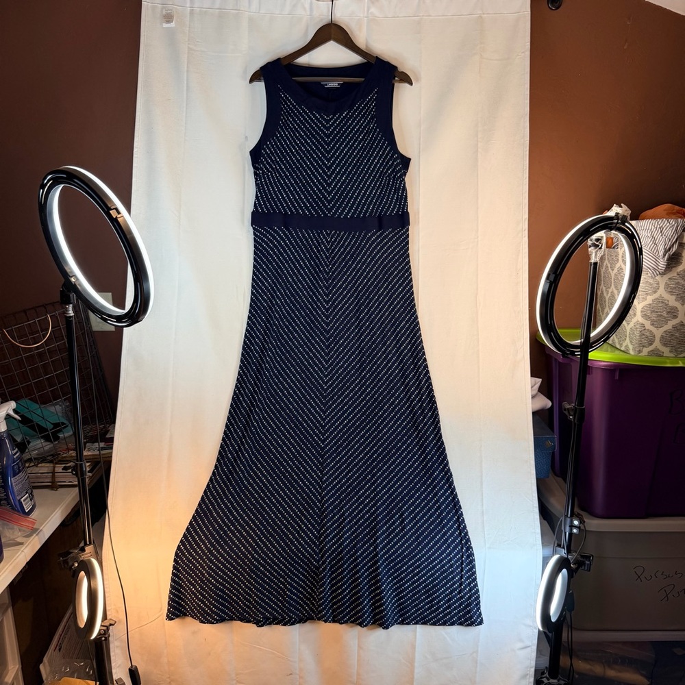 LANDS’ END Women’s Size XL Dress Maxi Length Polka Dot Stretch Side Slits - Picture 2 of 16